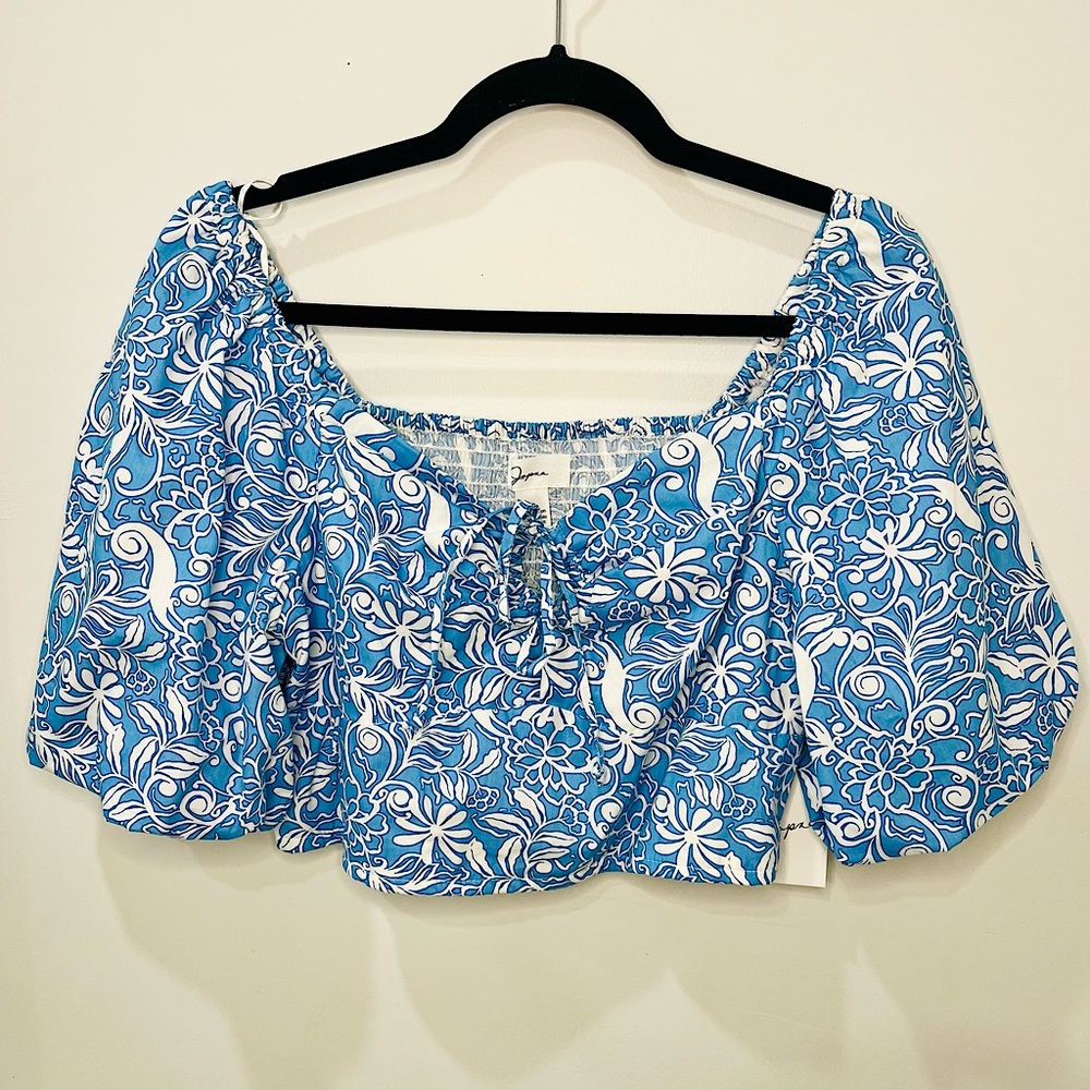 Japna Blue Floral Tie-Front Puff Sleeve Crop Top